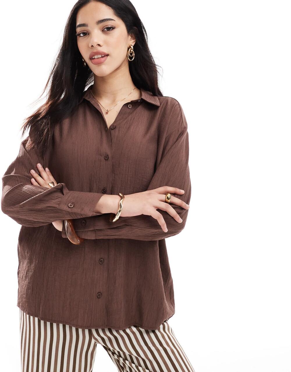 Bershka Brown Ribbed Button Down Shirt Long Sleeve Business Casual Top